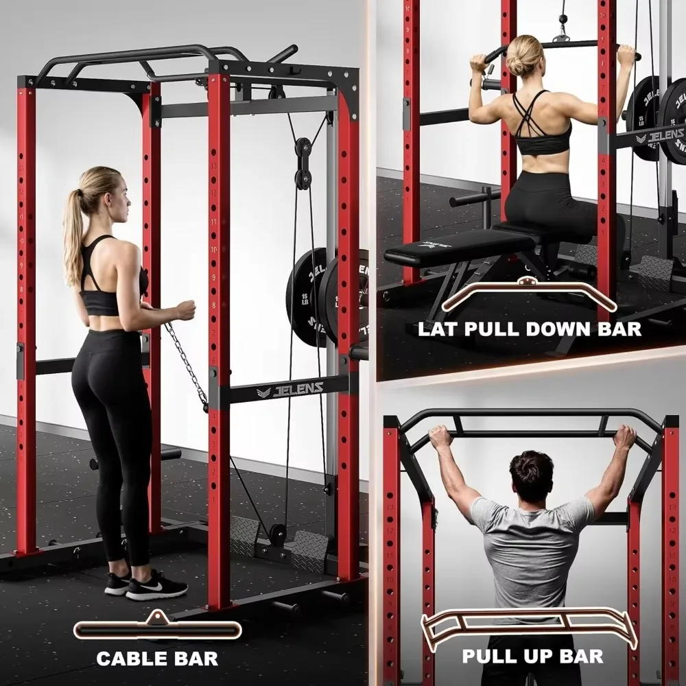 S21 Power Cage Multi-Function Rack Adjustable Cable Crossover 2000LB Squat Rack Home Gym Strength Training Heavy Duty Equipment