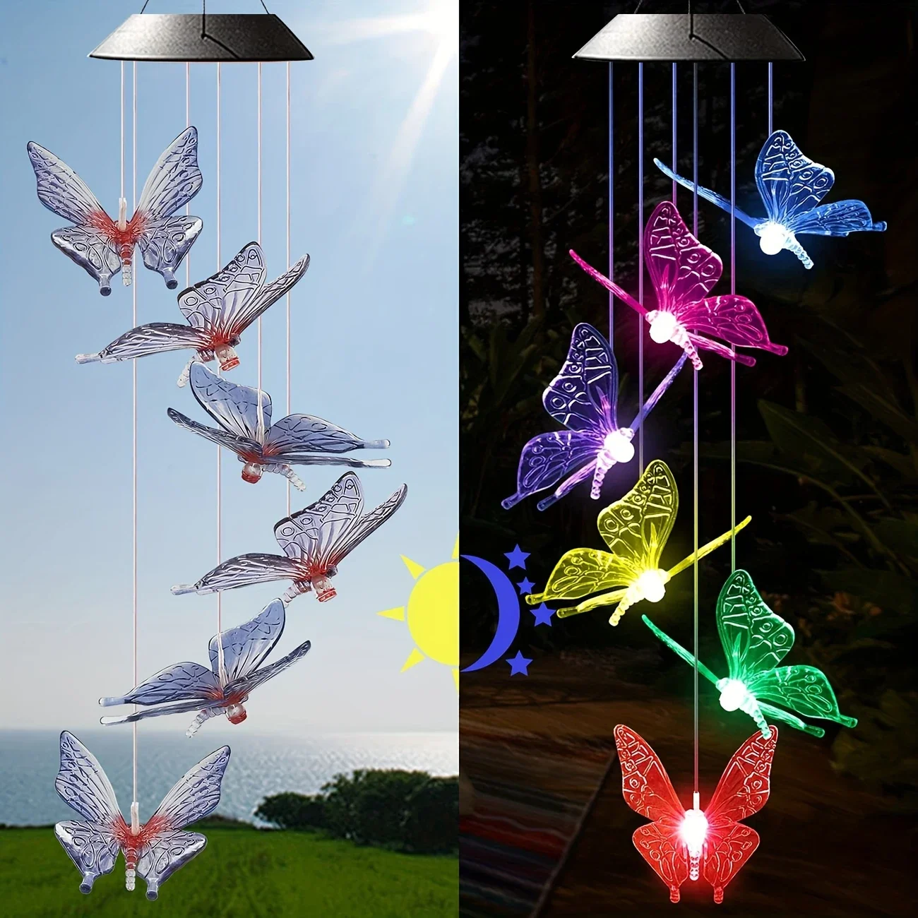 1pc Solar Wind Butterfly Wind Chimes Light 6LED Color Changing Solar Powered Butterfly Lights Outdoor Garden Chime Decoration