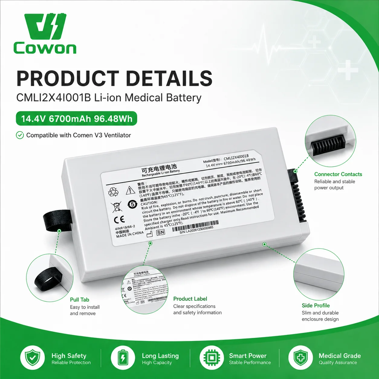 14.4V 6700mAh CMLI2X4I001B Replacement Battery for Comen V3 V3A Vent ilator Medi cal Device Rechargeable Li-ion Pack