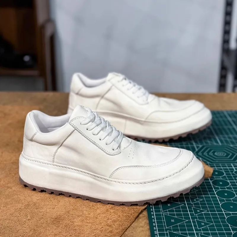 

Повседневная обувь ручной работы из конской кожи, удобные уличные мужские кроссовки на толстой подошве, молодежная обувь для доски, уличная походная спортивная обувь