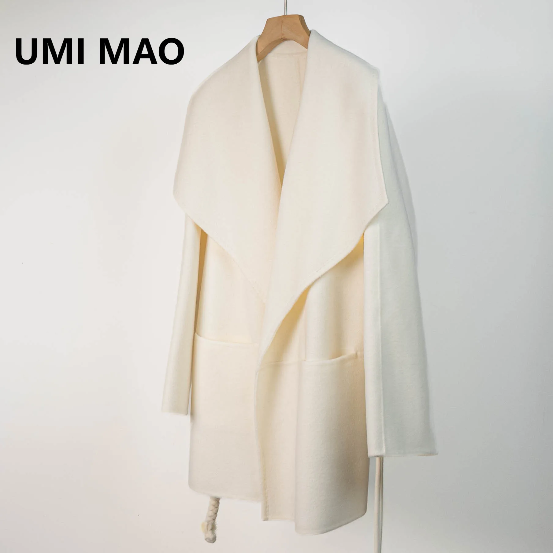 

UMI MAO Large Lapel Woolen Coat Long Sleeve New Feel Lace-up Sheep Wool Coat Women Double-sided Wool Winter Jacket