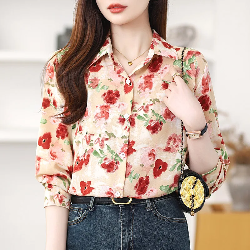 Women Clothing Chic Vintage Floral Printing Shirt Spring Autumn Casual Loose Turn-down Collar Long Sleeve Blouses Fashion Tops