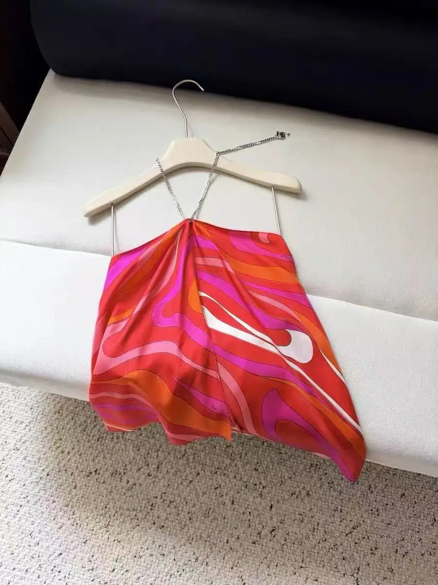 VGH Daily Street Style Blue Print Halter Satin Tank Tops for Women Sleeveless Asymmetrical Hem Design Vest for Beach Vacation image 3