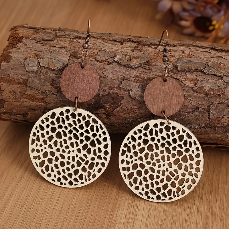 Hollow Out Round Drop Earrings Bohemian Vintage Wooden Leather Earrings Jewelry Gift Accessories For TeenGirls Women Fall Winter