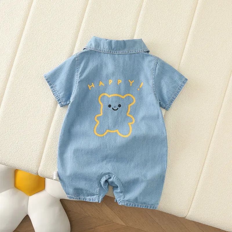 Summer baby casual foreign style lapel bear denim baby one-piece short Romper