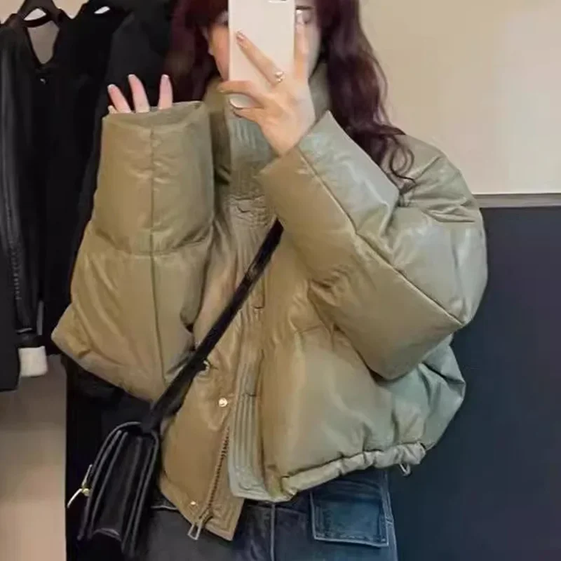 Korean Pu Leather Short Parkas Women Loose Stand Collar Cotton Jackets Woman Winter Fashion Thicken Warm Parka Jacket Ladies
