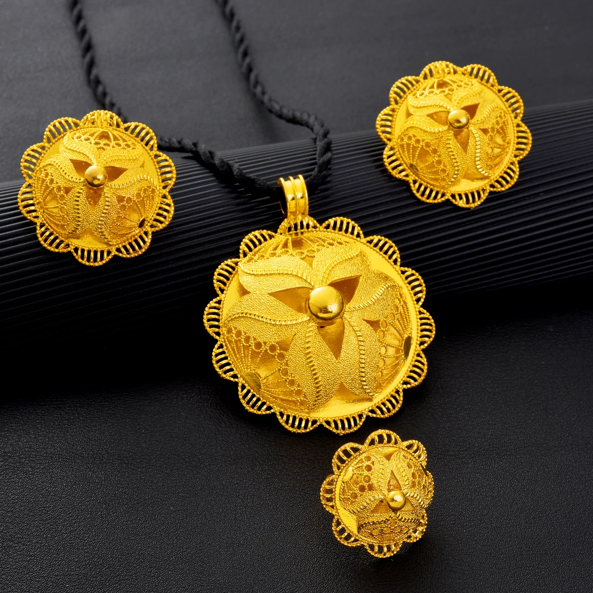 Ethiopian Luxury Jewelry Set Hollow Flower  Sets Ring Earring Necklace 3-Piece Set African Eritrean Wedding Engagement Gift #170