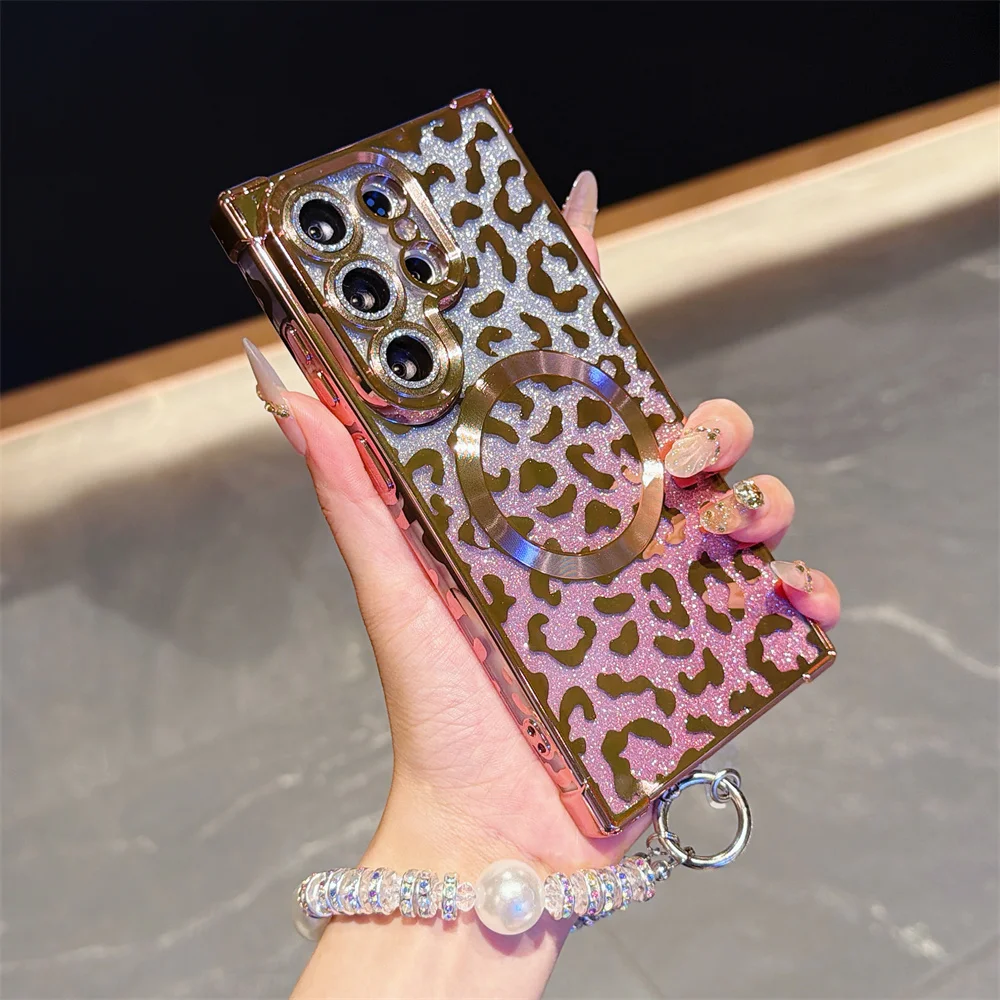 Luxuriöses Perlenarmband mit Leopardenmuster und magnetischer Handyhülle für Samsung S26 Plus S24 S25 Ultra – Farbverlauf Glitzer Transparente Hülle