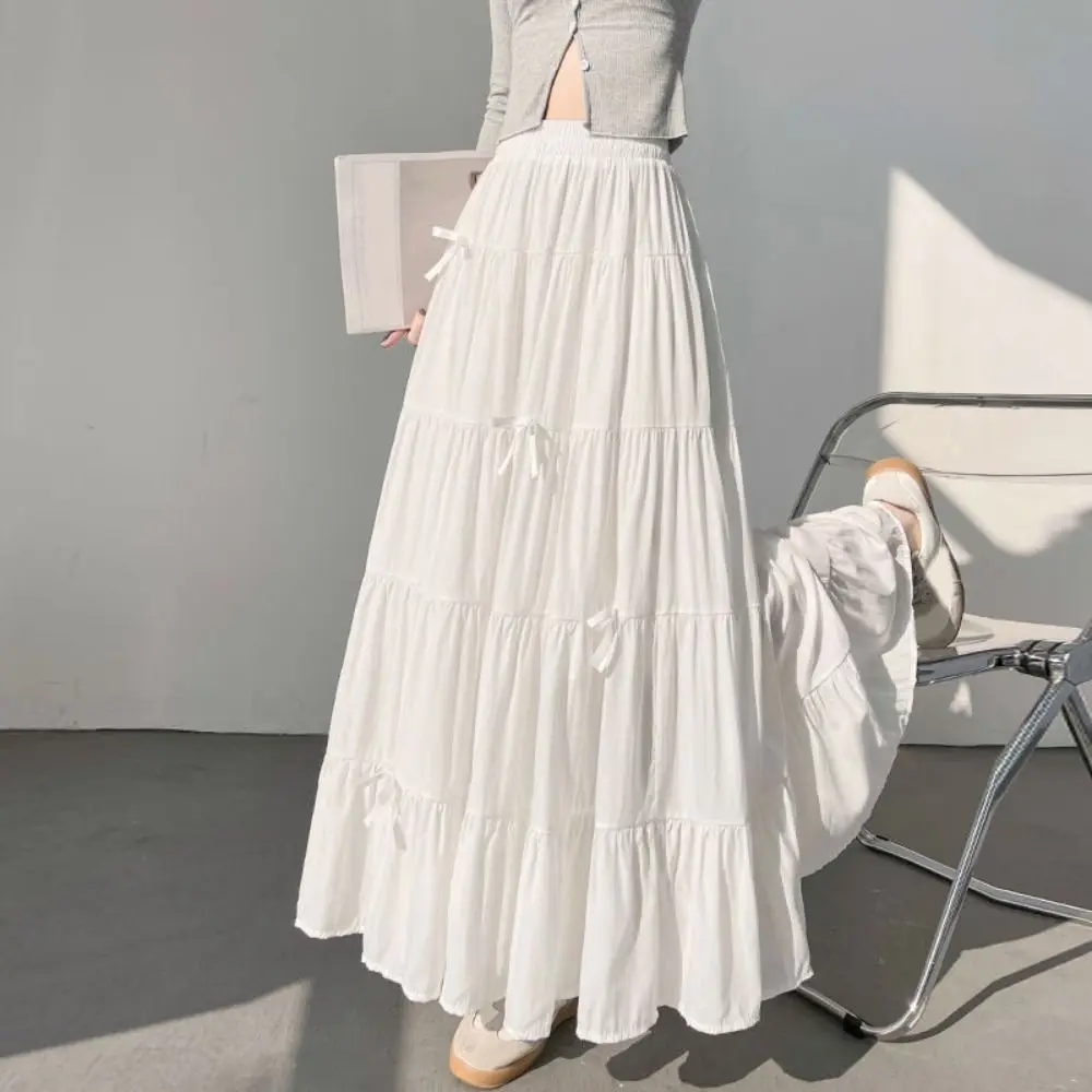 

Bowknot Tiered Midi Skirt Hight Waist Pleated Long Cake A-line Skirts Chic Solid Color Seven Point Long Dress Hight Waist