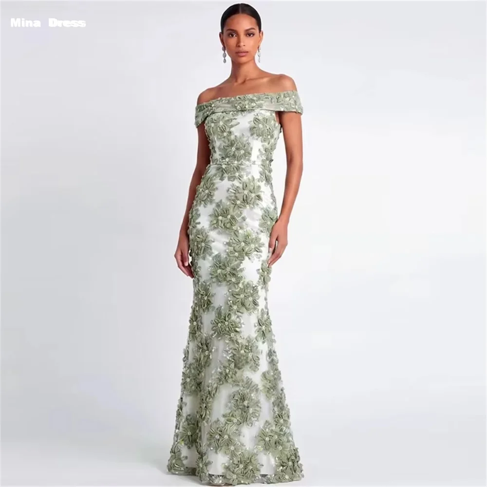 Mina Customized Green 3D Flower Fishtail One-shoulder Off-shoulder Women's Dress Elegant Party Dresses 2026 Best Selling Dresses