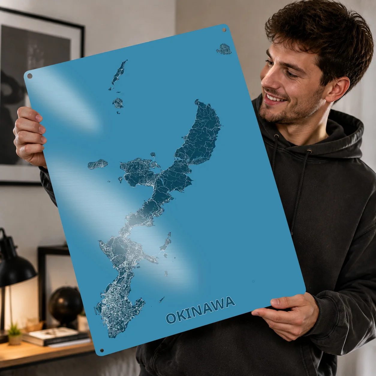 Okinawa Island Detailed Map Personalized 3D Textured Metal Poster Wall Art Vintage Tin Signs for Room Decorations Desk Decor
