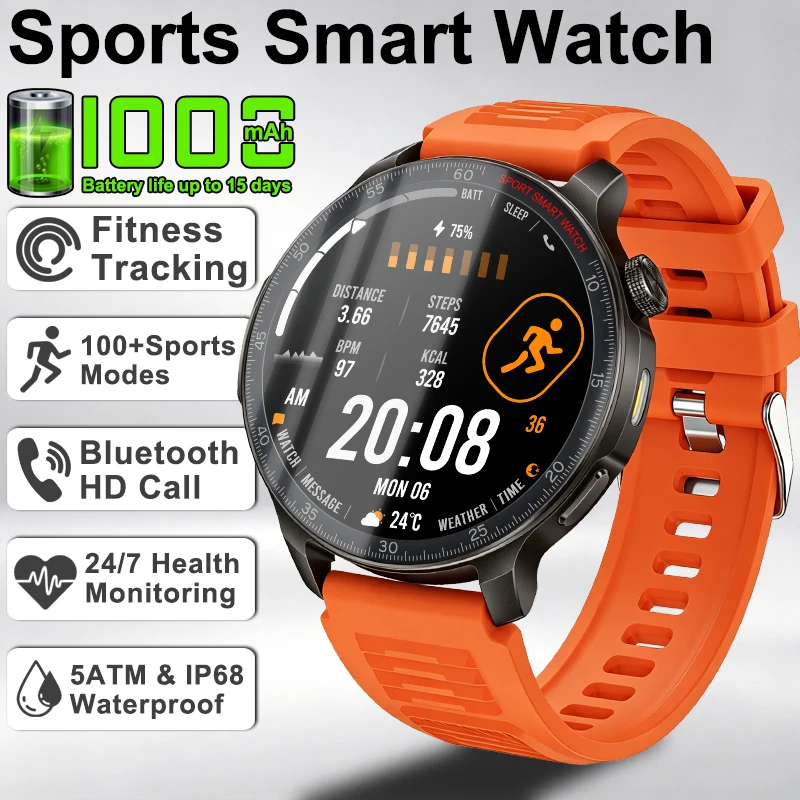 2026 New 1000mAh Sports Battery Smart Watch Men Fitness Tracker Built-in 24H Heart Rate IP68 Waterproof Decibel Meter Smartwatch