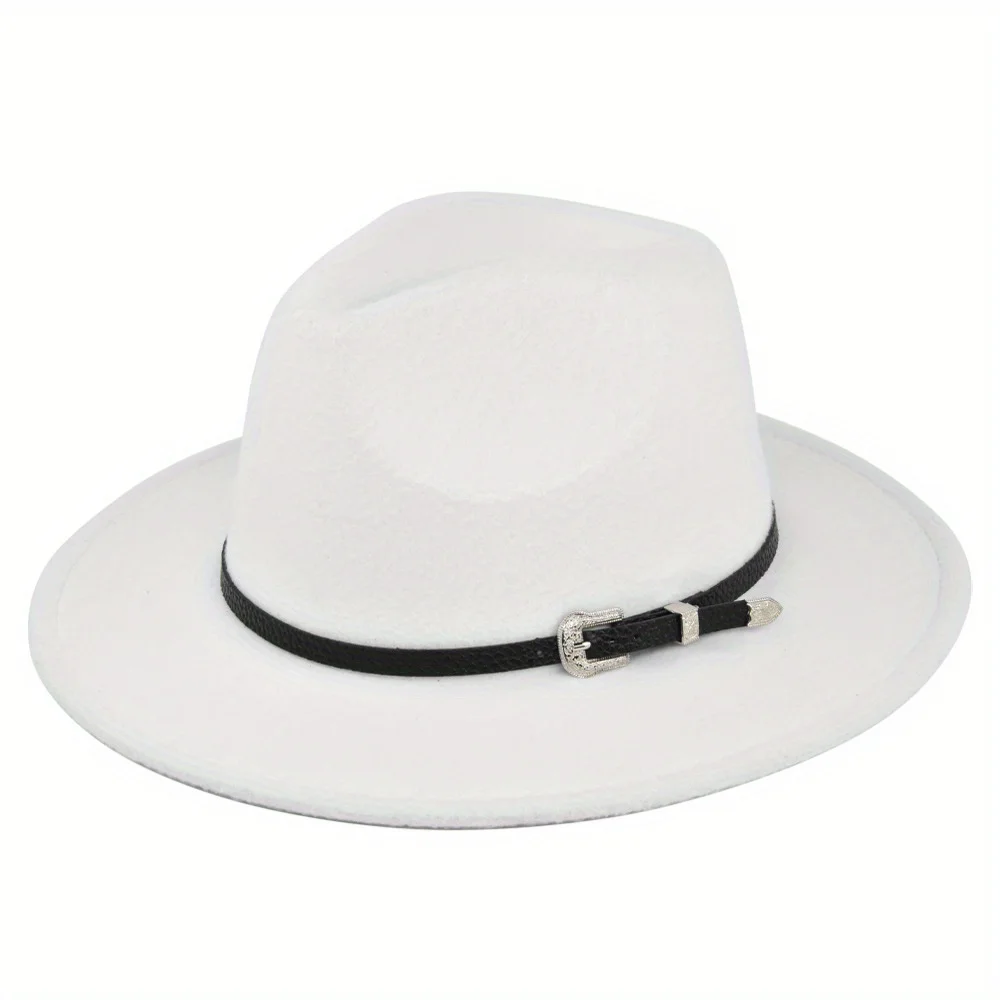 Sombrero Fedora de lana con cinta de cuero negro para hombre y mujer, Sombrero elegante de fieltro, ala ancha, Jazz, iglesia, Panamá, invierno y