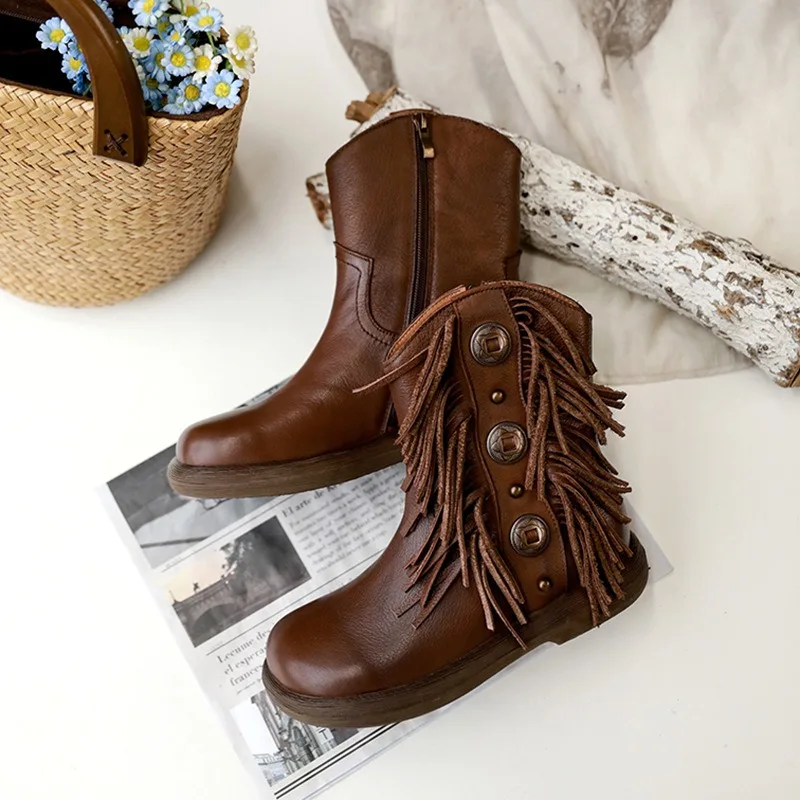 Birkuir ريترو النساء حذاء من الجلد البريدي أحذية بوت قصيرة 3 سنتيمتر كعب سميك شرابة أحذية منصة جلد طبيعي تصميم معدني أحذية كاجوال #3