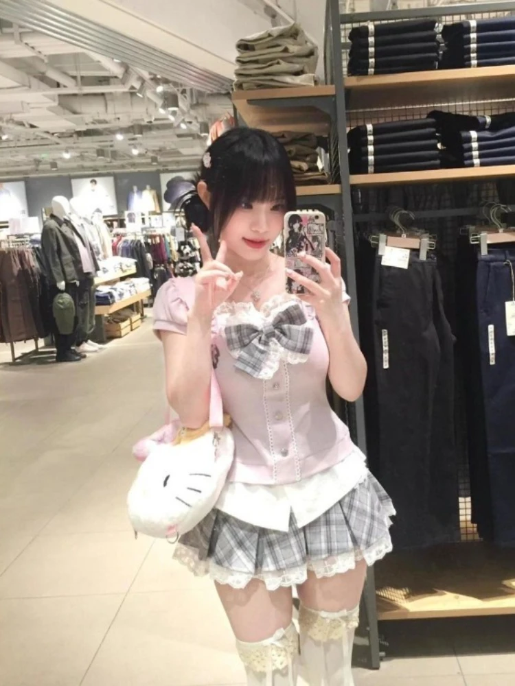 

Summer Sweet Bow Lace Ruffles Fake Two Piece Top Women+ High Waist Patchwork Plaid Skirts Two Piece Sets 2025 Fashion New