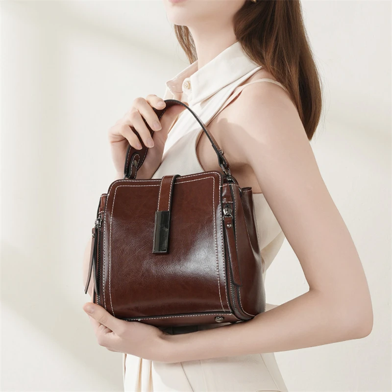 BURMINSA Oil Wax Leather Handbags For Women Luxury Genuine Cowhide Doctor Bag Vintage Crossbody Shoulder Bag Small Work Satchel