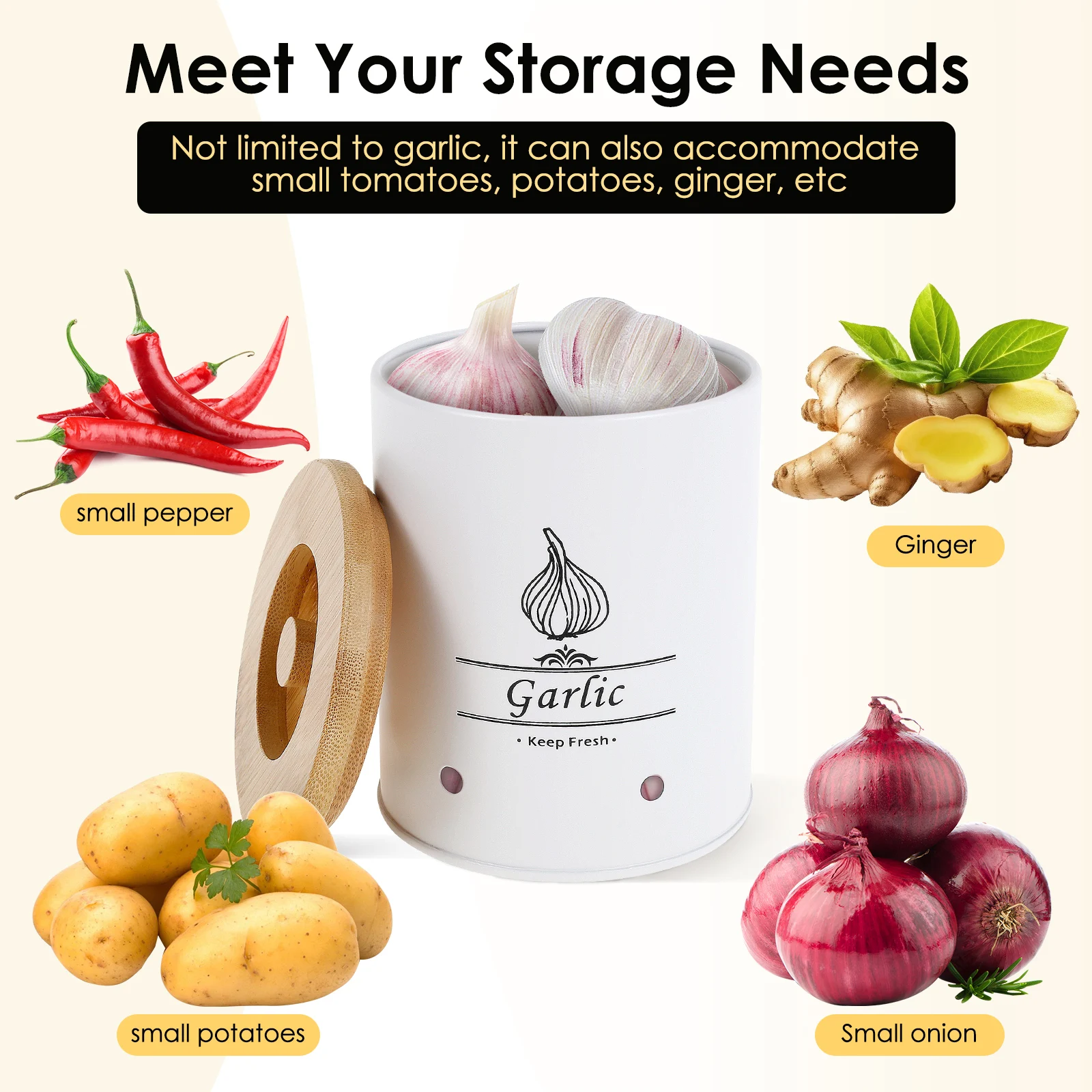 Garlic Keepfresh Storage Box Versatile Garlic Holder with Wood Lid LargeCapacity Ventilated Potato Storage Container for Kitchen