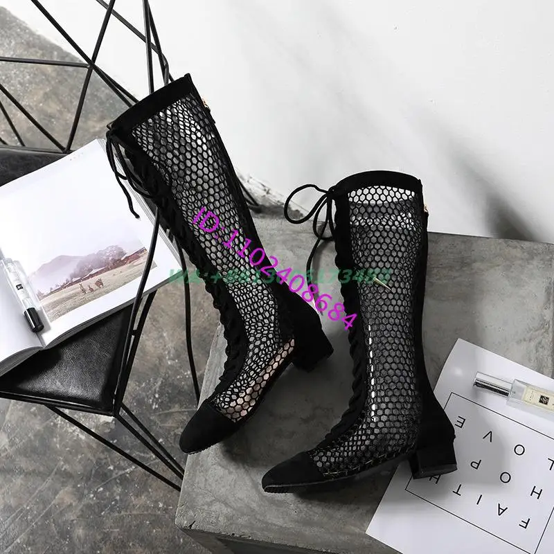 Sexy Lady Summer Mesh Lace Up Boots Design Brand Women Back Zipper Block Heel Lace Up Mesh Boots Plus Size 40