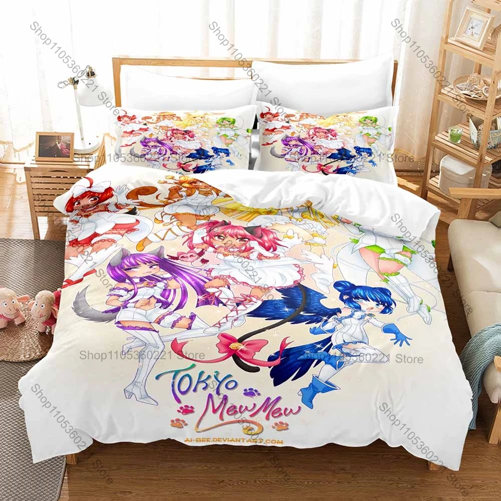 Cool Classic Mahou Shoujo Tokyo Mew Mew Cute Animal Hero Print Bedding Set 3in1 1 Duvet Cover 2 Pillowcases Soft Household Bed