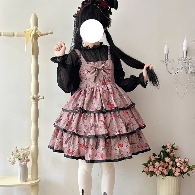 

Japanese Sweet Lolita jsk Dress Women Cute Strawberry Bunny Print Ruffles Sleeveless Princess Dress Kawaii Tea Party Dress