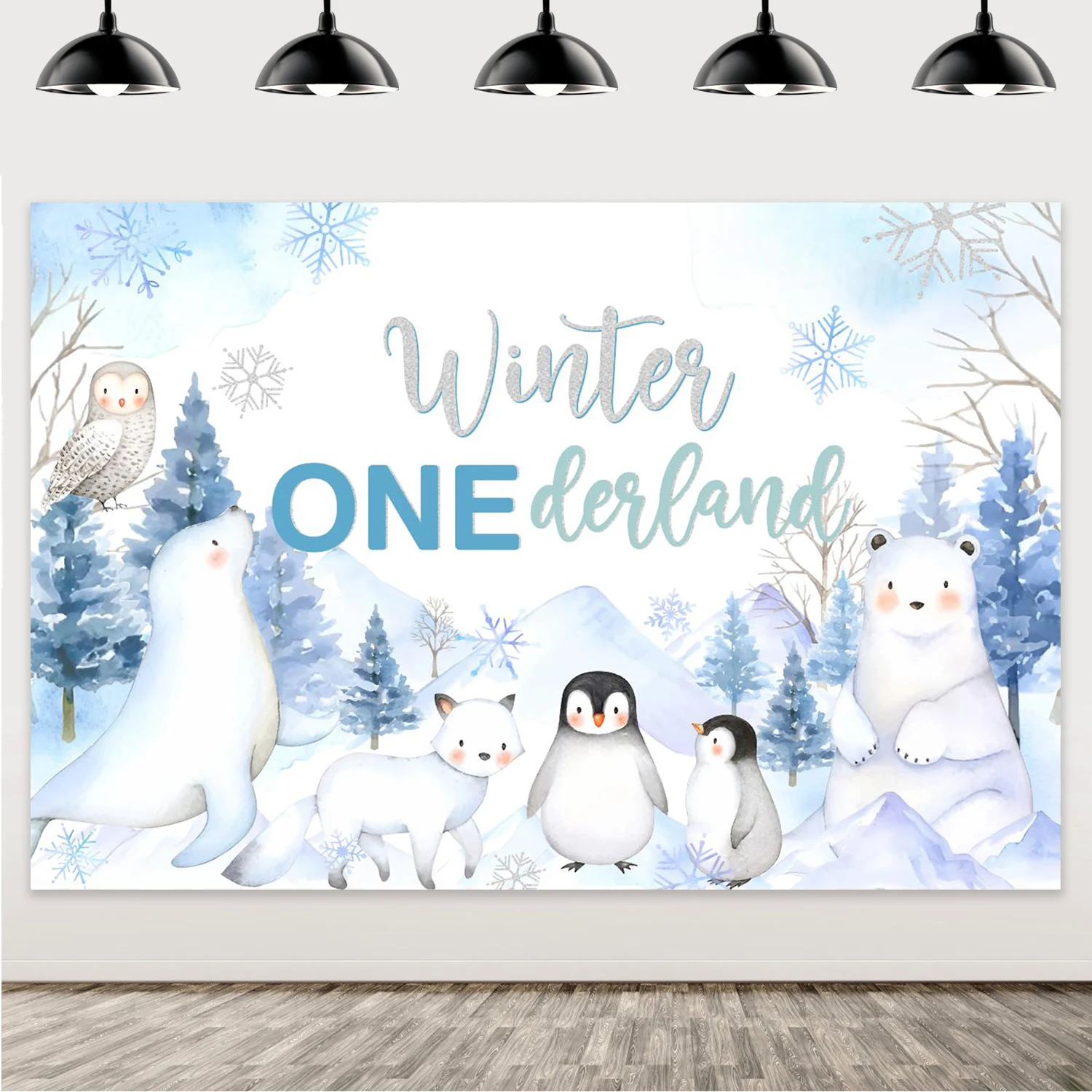 Fondo de invierno de Onederland para niños, primer cumpleaños, copo de nieve plateado, azul, animales del Ártico, País de las Maravillas, decoración de fiesta de primer cumpleaños