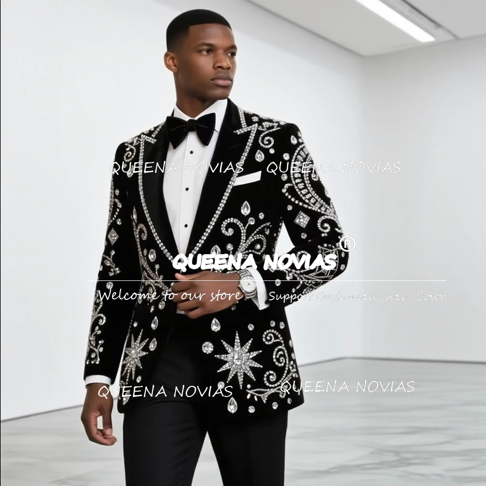 

Мужской костюм с блестящими бриллиантами и бисером, комплекты из 2 предметов, мужские пиджаки для жениха, свадебные смокинги по индивидуальному заказу, облегающий костюм для вечеринки, Homme