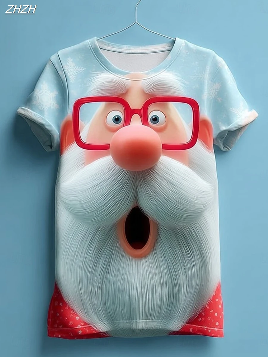 

Women's Vintage Santa Print Short Sleeve, Holiday Graphic Round Neck Tee, Festive Seasonal Tops, Fall Winter Casual Wear T-shirt