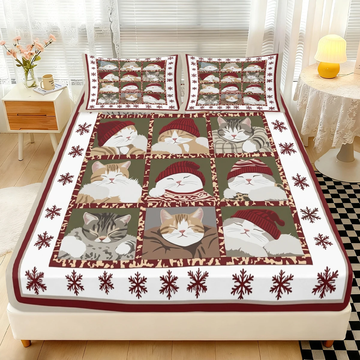 Holiday Snowflake Frame Kitten Fitted Sheet 3PCS, Nine Grid Winter Hat Tabby Cat Pattern Elastic Mattress Cover with Pillowcases