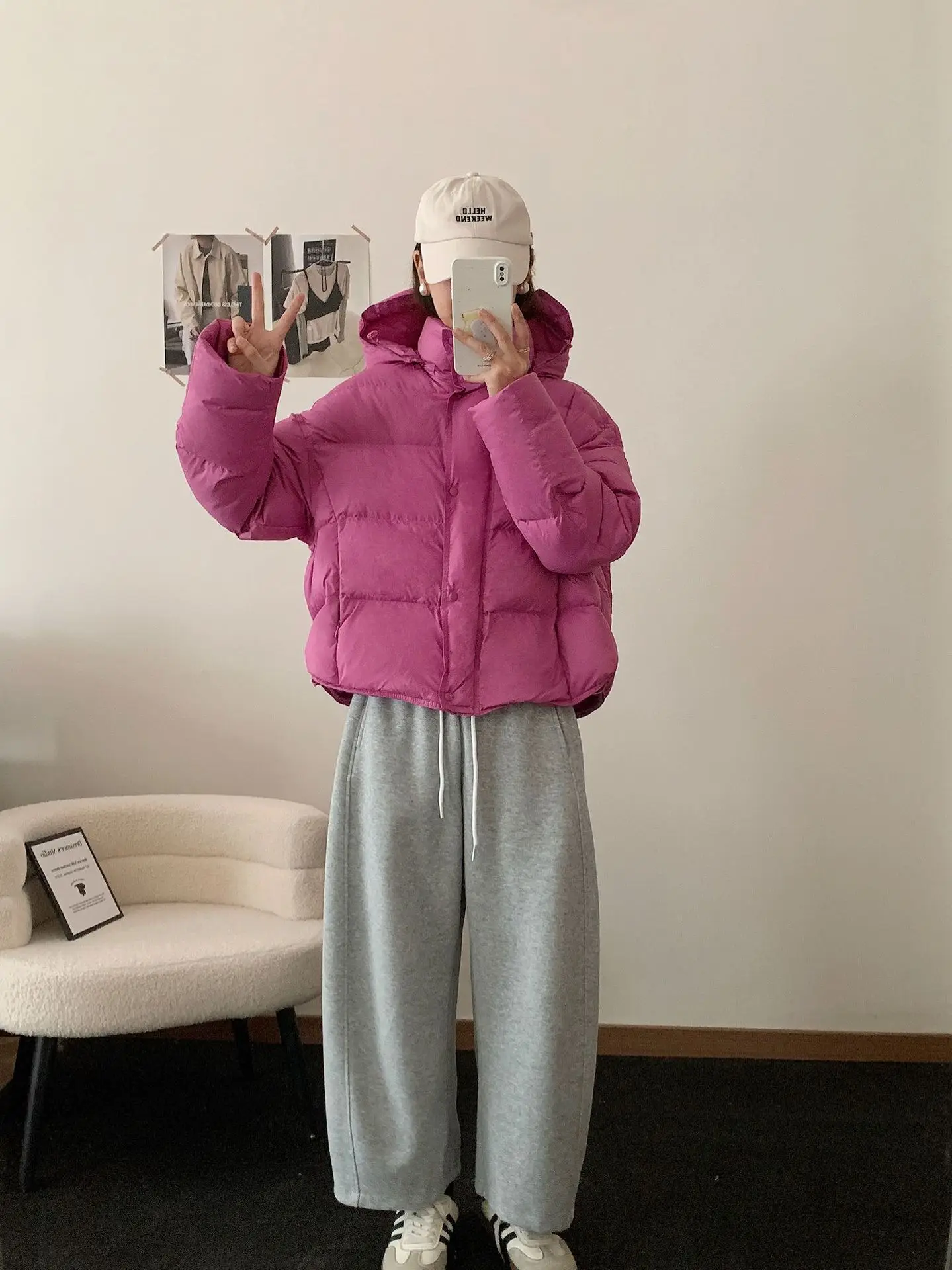 Korean Cropped Hooded Down Jacket for Women Winter Thickened White Duck Down Coats Woman Solid Color All Match Puffer Jackets
