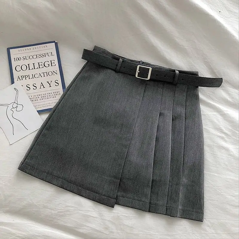 Biyaby Black Gray Women's Suit Mini Skirt with Belt Summer High Waist Pleated Jk Skirts Women 2026 Korean A Line Skirt Ins