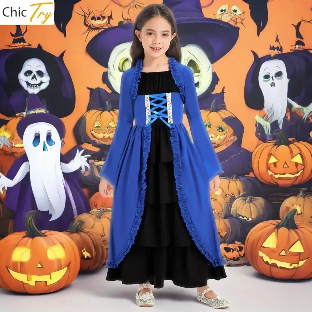 Kid Girl Medieval Renaissance Princess Costume Ruffle Long Flare Sleeve Vintage Dress Gown Carnival Party Cosplay Maxi Dresses