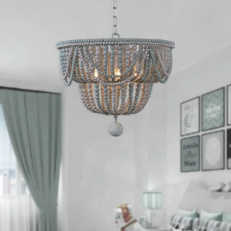 Wooden beaded chandelier 2-layer vertical pleated bead pendant light rural farm unique beaded chandelier lamp living room