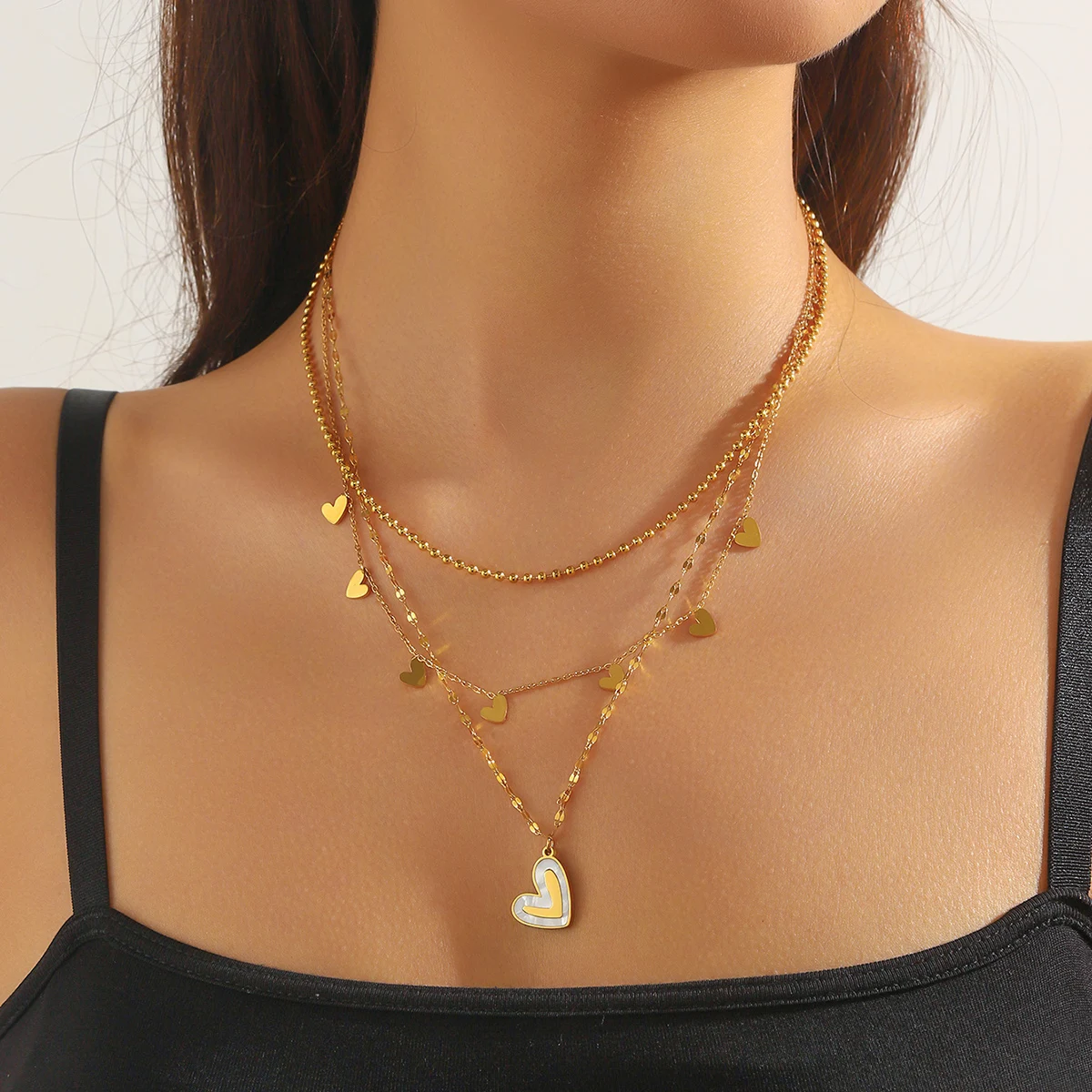 DIEYURO 316L Stainless Steel Golden White Shell Heart Shape Multilayer Necklace For Womens New Fashion Neck Chain Jewelry Gift