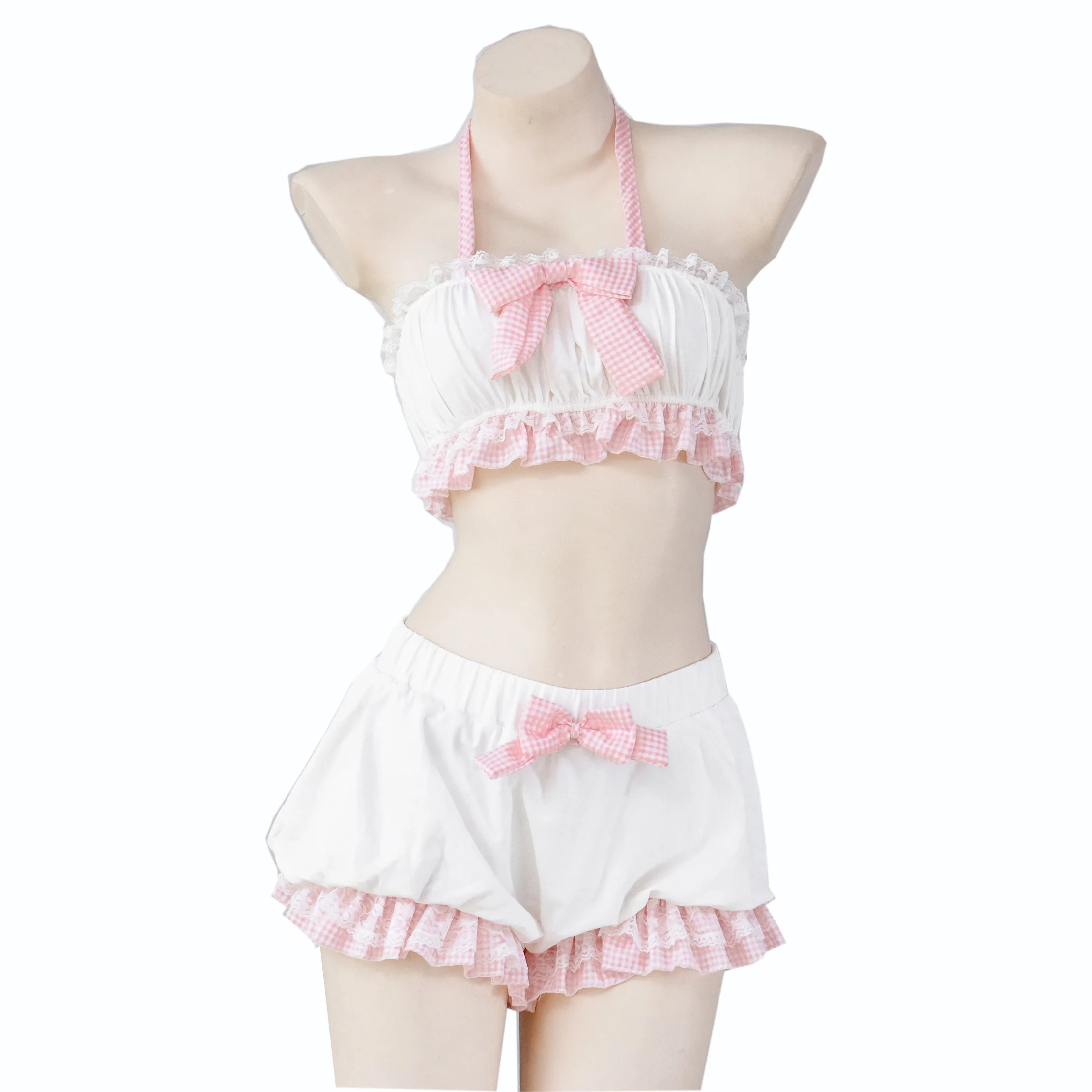 Sweet Cute Bow Bloomers Tube Top Suit Sexy Ruffles Pajamas Lace-up Underwear Small Sling Suit Split Swimsuit Girl Shorts Sling