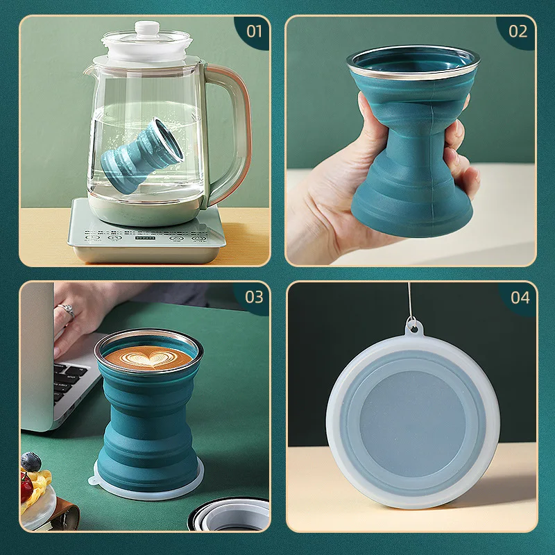 Picture 5: Portable Silicone Foldable With Lanyard Heat Resistant Collapsible Cup Lid Storage Travel Mug For Hot Water Cocktail Set