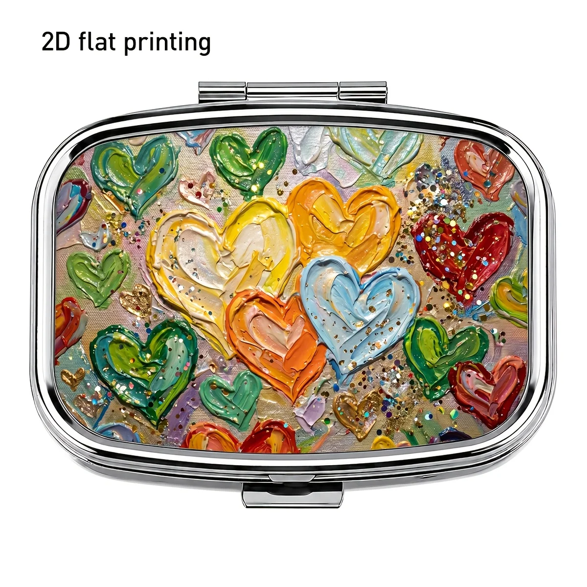 1Pc, Flat Printing, Colorful Heart-Painted Pattern Square Small Pill Box, Art Graffiti Style, Two-Compartment Portable Storage Case, Pocket-Sized Container for Carrying Small Items and Medicines, an Essential Item for Home and Outdoors