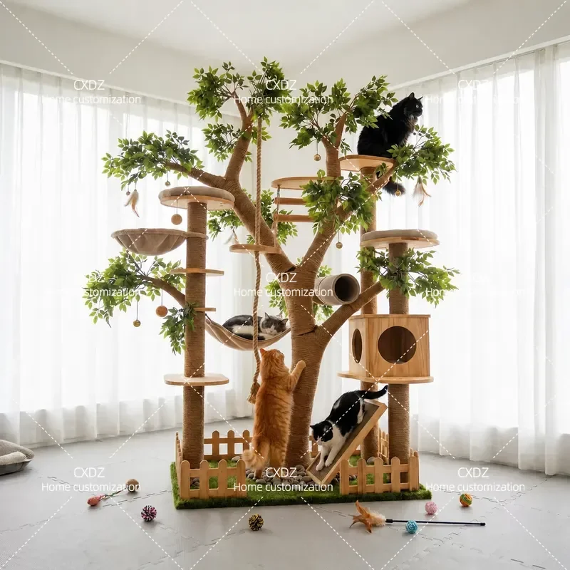 High End Solid Wood Cat Climbing Frame with Integrated Nest and Scratching Board Durable Multi Level Cat Tree Tower for