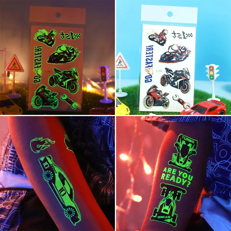 12 feuilles lumineuses voitures de course motos autocollants de tatouage temporaire, brillent dans la nuit Cool motos course compétition Patter