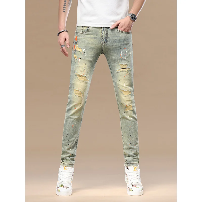 Pantalones vaqueros retro desgastados de alta gama para hombre, ajustados, de nueve pulgadas, pies pequeños, tinta salpicada, novedad de Primavera/verano 2025, pantalones elásticos de moda