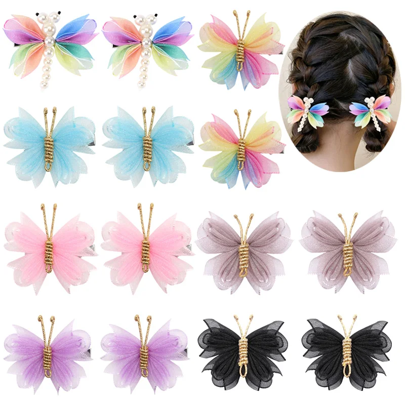 2Pcs Pearl Butterfly Hair Clips Summer Mesh Flower Hairpins Handmade Barrette Girls Clip Headwear Sweet Hair Accessories