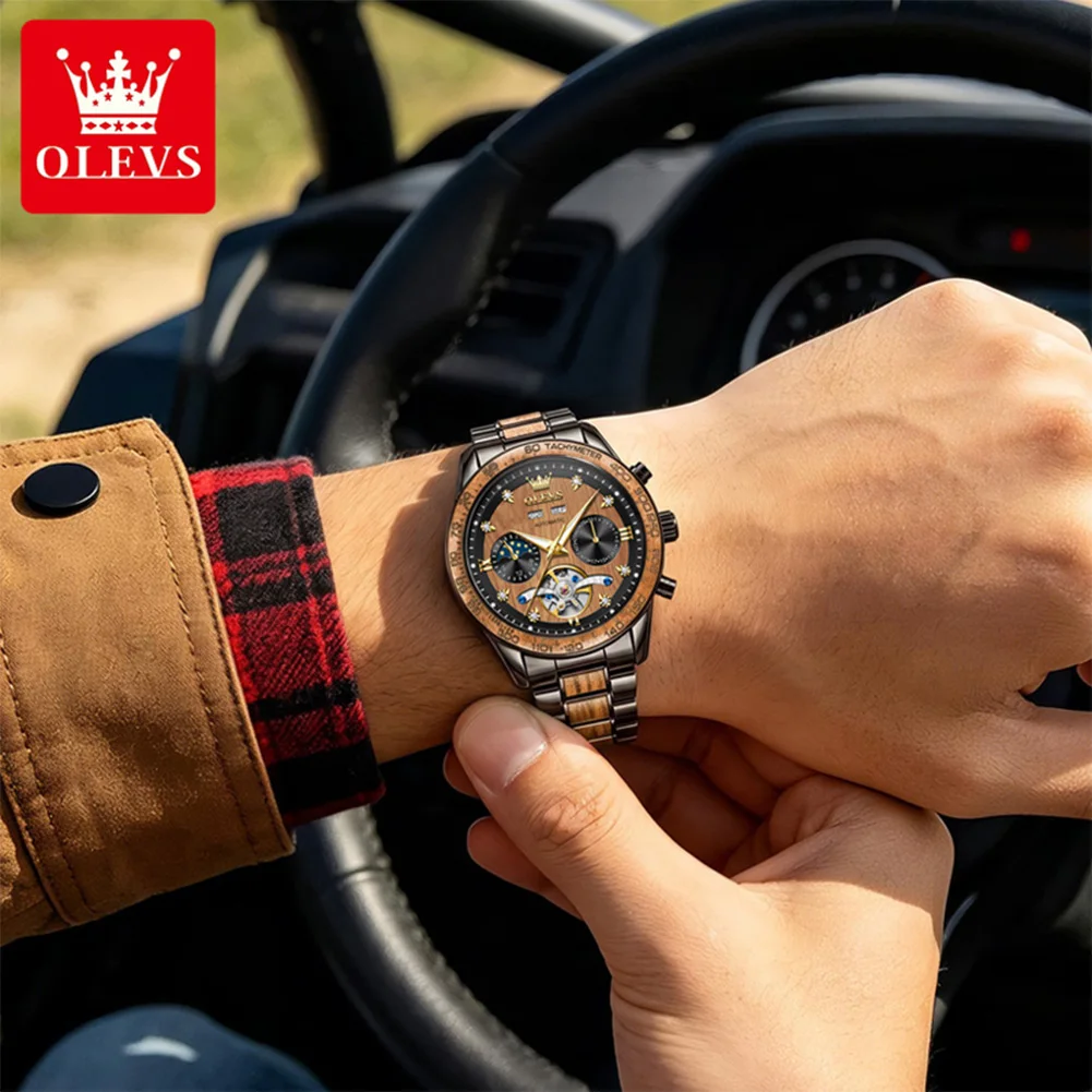 OLEVS 3751 Luxury Mechanical Watch For Men Hollow Flywheel 24-hour Moon Phase Dial Skeleton Window Luminous Waterproof Watch