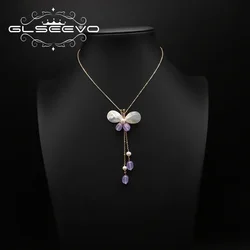 GLSEEVO Natural Pearls Butterfly Pendant Amethyst Long Chains Women's Necklace Elegant Charm Vintage Jewelry For Girls