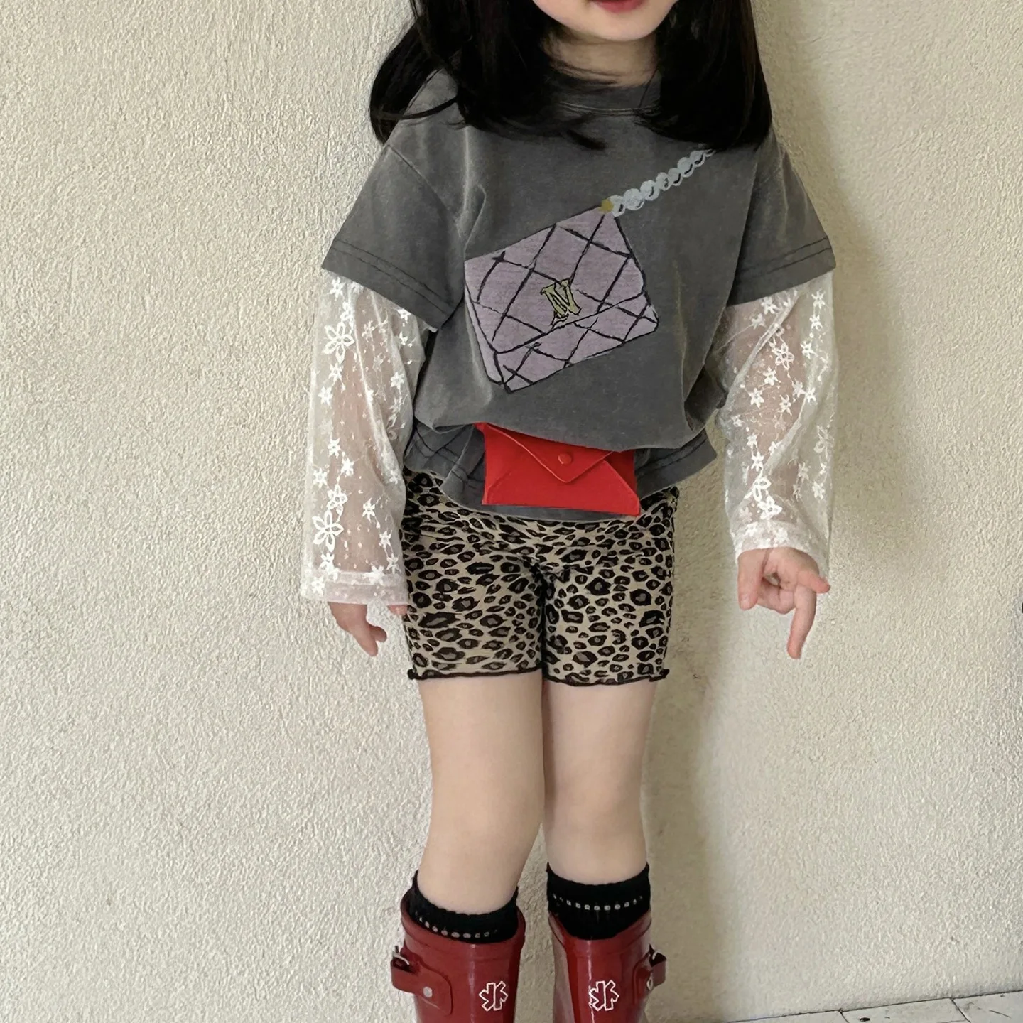 2026 Spring New Kids Clothing Korean Style Kids Clothing Girls Washed and Distressed Fake Two-Piece T-Shirt Cartoon PrintT-Shirt