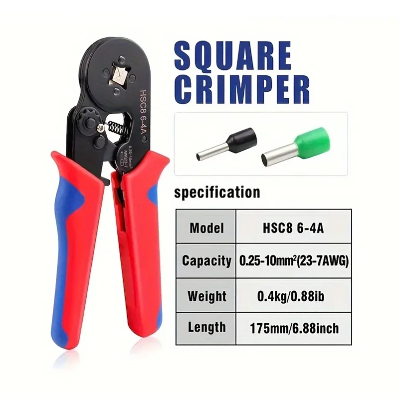 HSC8 6-4 Crimper Plier 0.25-10mm² 23-7AWG Ferrule Tubular Terminal Crimping Clamp Set Electrician Tool