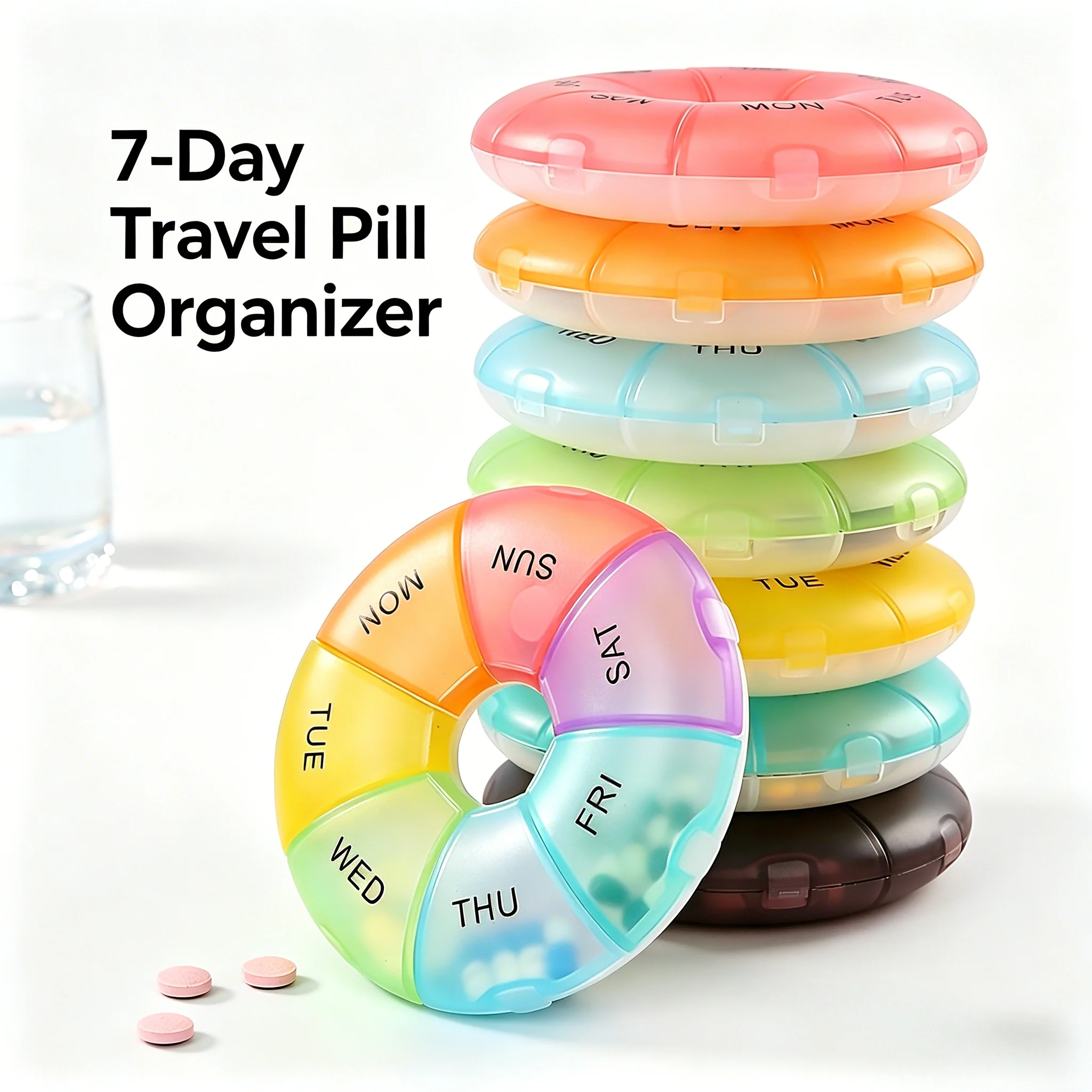 1Pcs 7 Day Round Pill Box Weekly Organizer Portable Travel Medicine Case Dustproof Moistureproof Plastic Storage