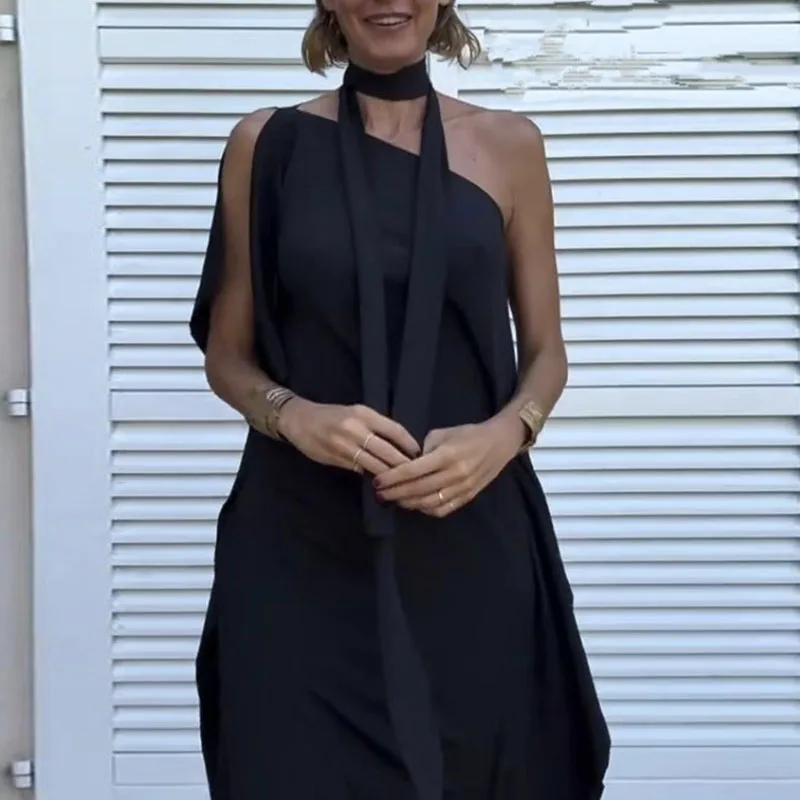 Woman Evening Dresses Elegant Inclined Shoulder Hollow Solid Asymmetric Dress Spring Summer Skew Collar Backless Slit Long Dress