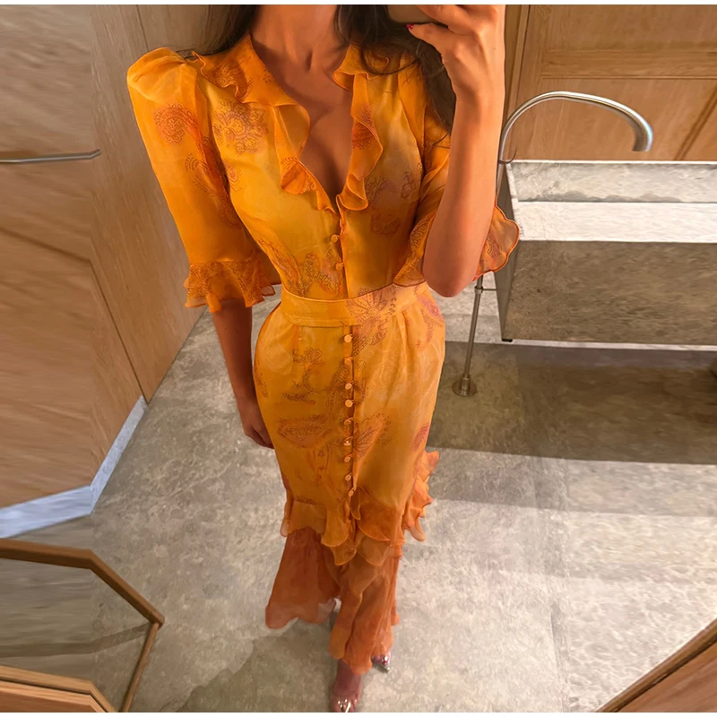 Elegant Ruffle Women's Long Dresses V Neck Half Sleeve Button Waist Cinching Pleated Dress 2026 Spring Lady Fashion Party Robes