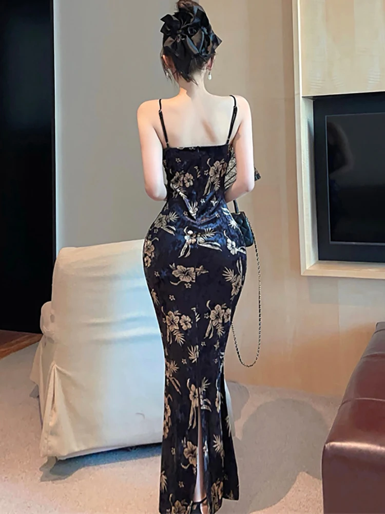 الربيع الصيف الأسود الأزهار الساتان الفاخرة حبال فستان طويل المرأة الكورية خمر هيبورن حفلة موسيقية الملابس 2025 أنيقة Bodycon Vestidos #5