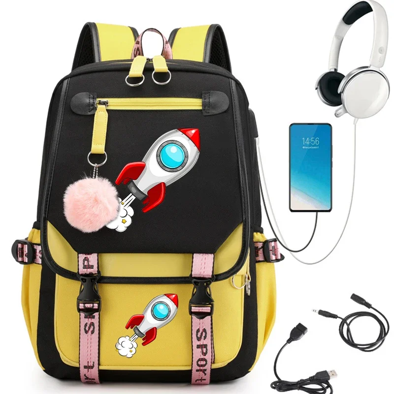 Space Rocket Cartoon Backpack Bags for Girls Secondary School Bagpack College Student Teenager Bookbag Usb Charging Backpack