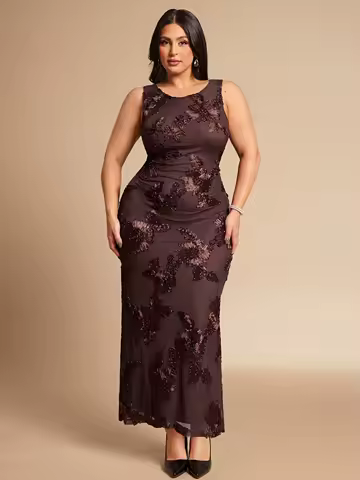 Plus Size Sleeveless Floral Jacquard Maxi Dress for Evening Parties, Coffee Brown